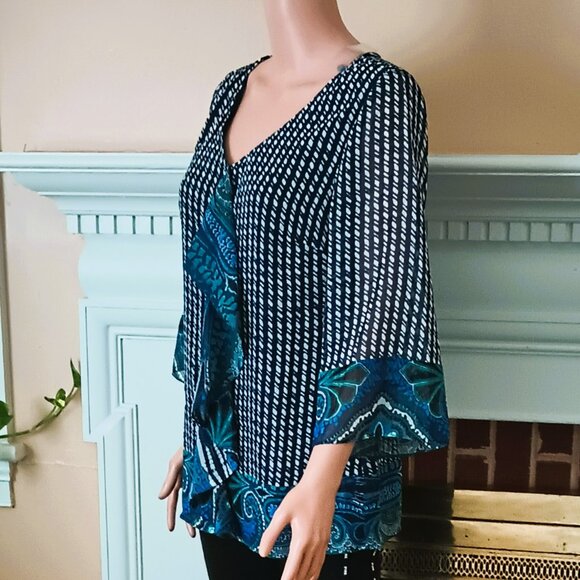 Share Isaac Mizrahi Paisley Ruffle Top S Black & Blue Button Up Sheer Lined Blou - Picture 7 of 10
